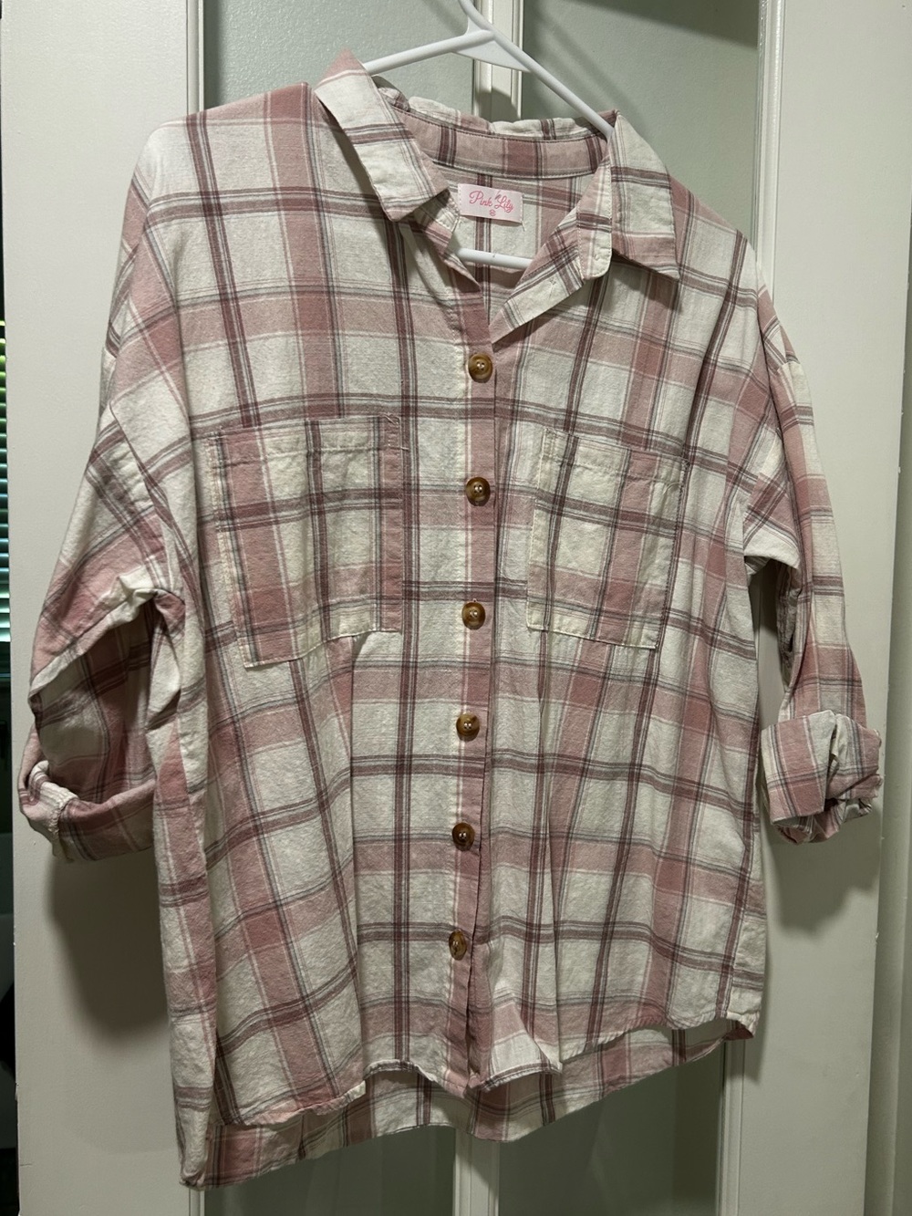 Pink Lily Pink and White Plaid Button-Down Kids Shirt